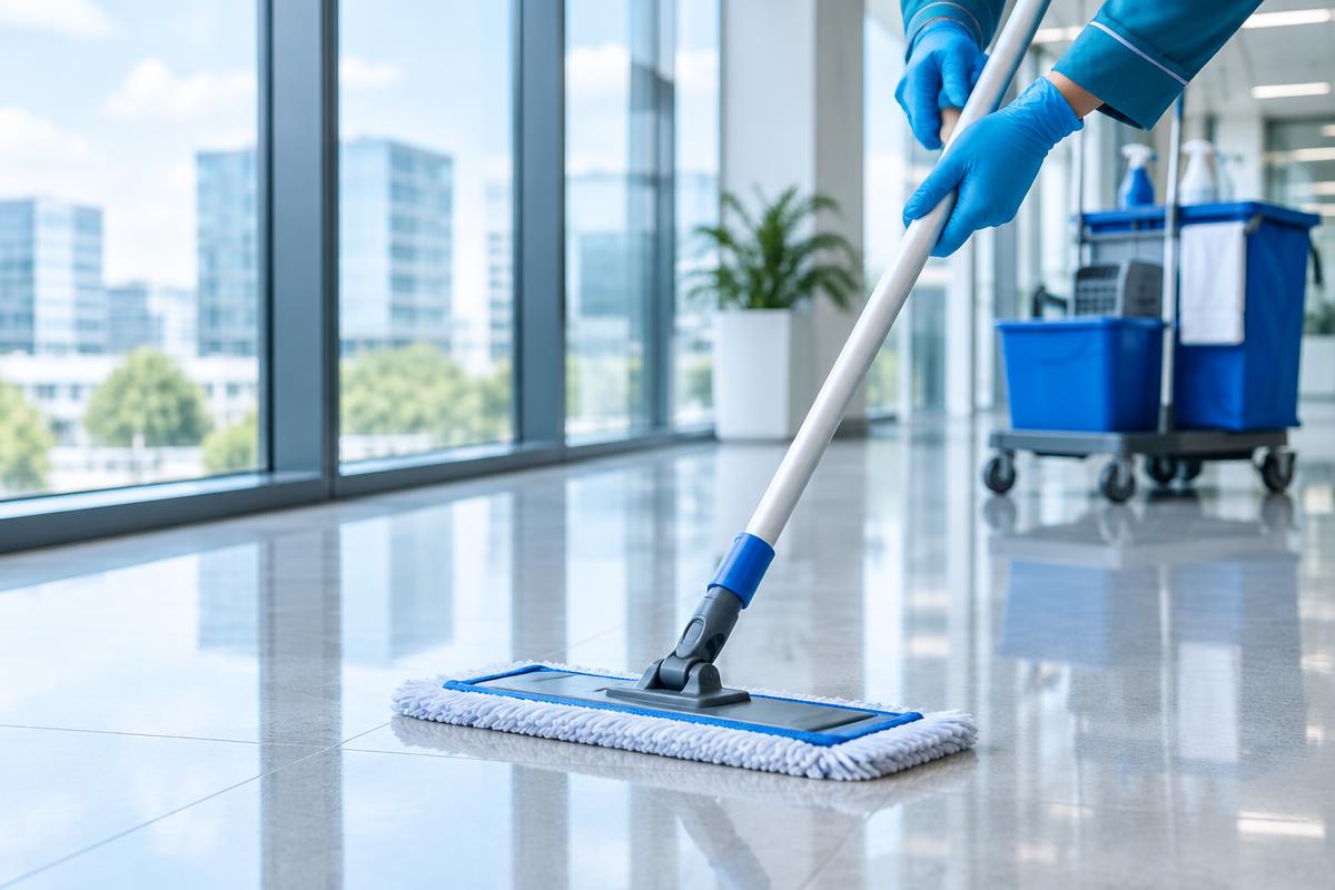 Profissional da Lu Helpers limpando o piso de um escritório em Betim